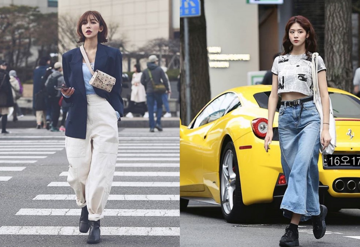 韩国街拍小姐姐穿牛仔外套,韩国时尚穿搭小姐姐上衣裤子