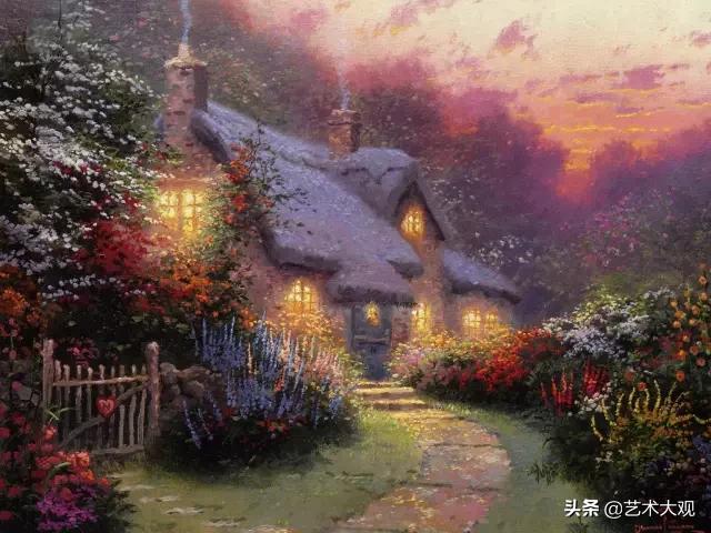 美式欧式田园风光油画,童话里的小屋子绘画