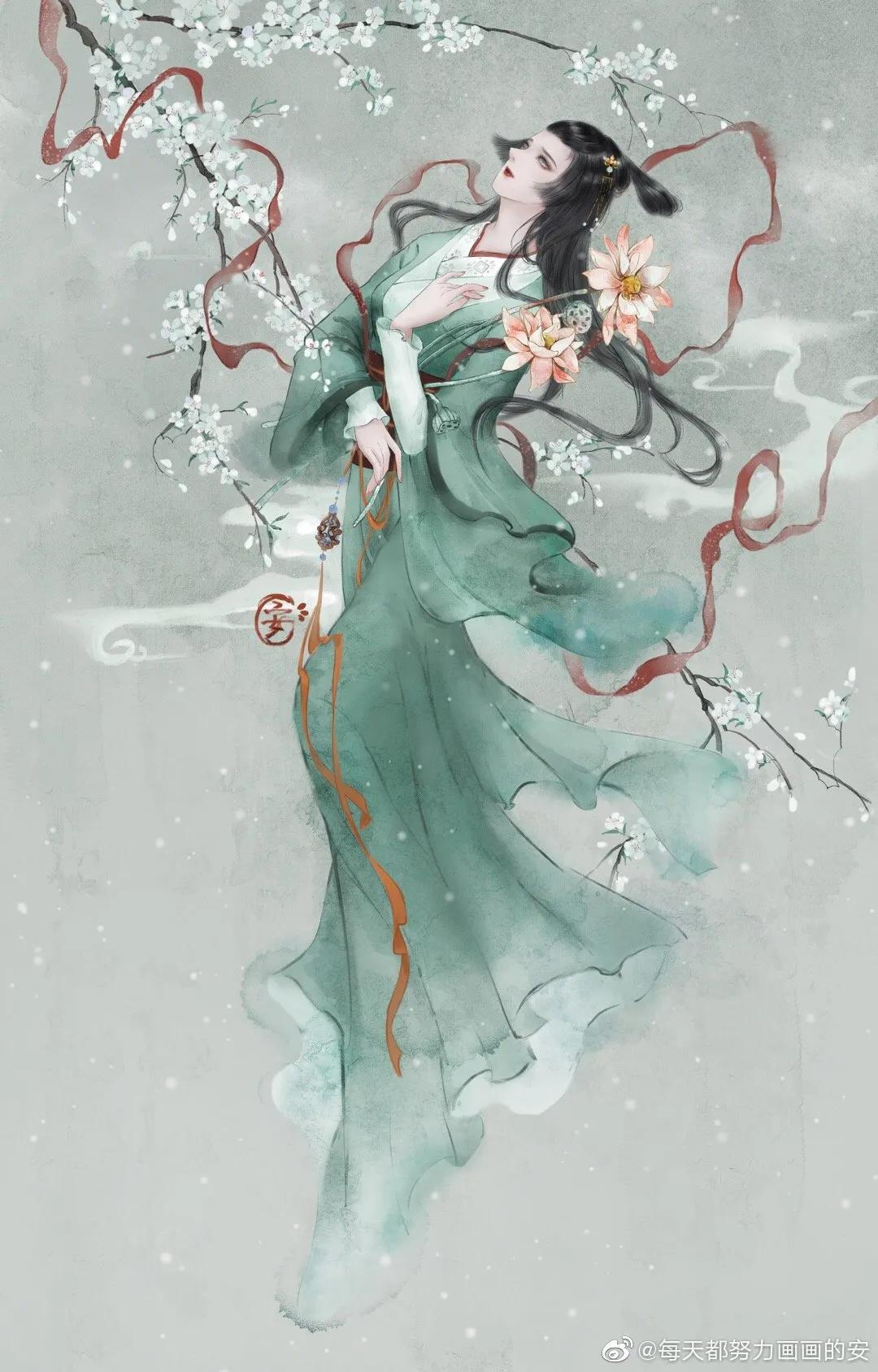 古风水墨花草插画图,古风风景插画全屏壁纸