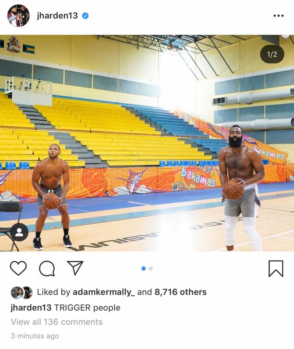 威少哈登赛后,哈登赤膊训练效果