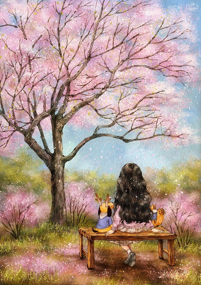 韩国插画师森林女孩日记图文,水彩插画森林女孩日记