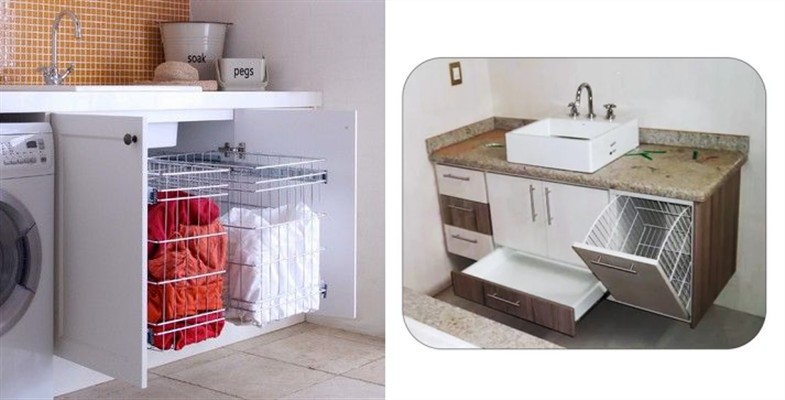 浴室柜侧面开个小口，脏衣篮藏里面正好，省地操作，邻居都夸绝了
