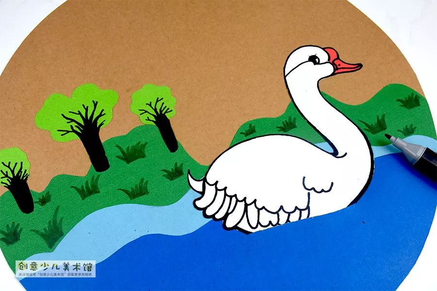 儿童水粉画池塘里的大白鹅,池塘大白鹅儿童画