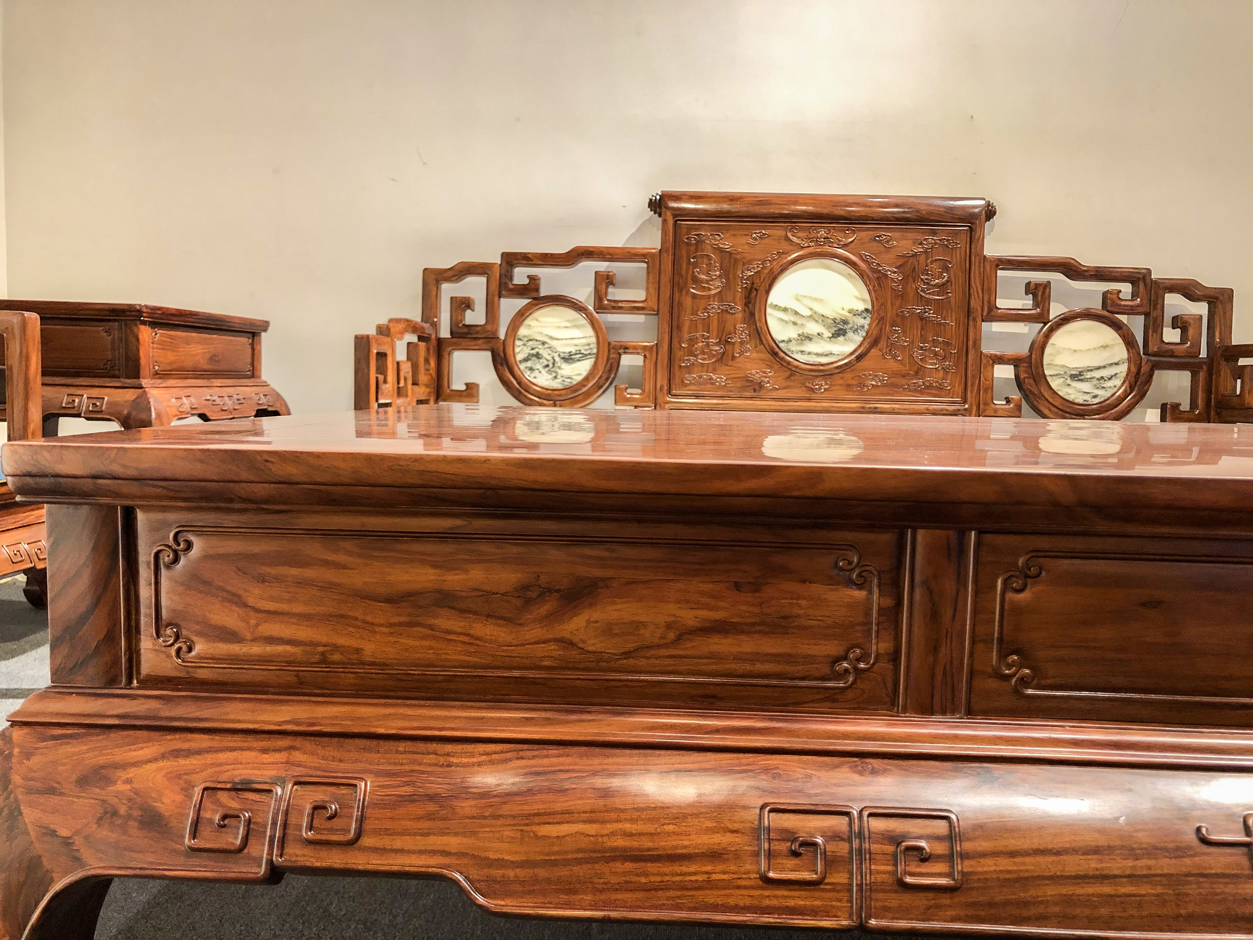 精品黄花梨云石沙发十二件套,海南黄花梨雕刻红木沙发