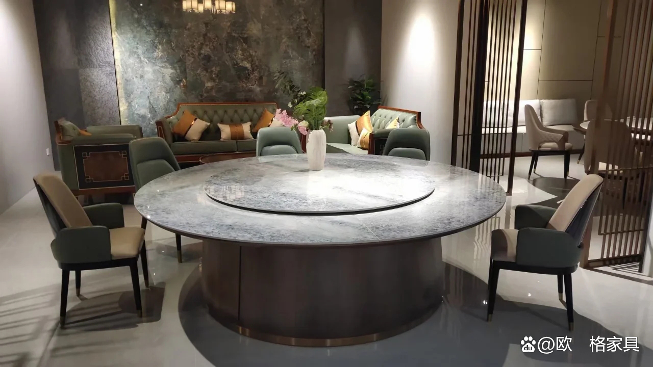 酒店电动餐桌轻奢岩板大圆桌,酒店大理石餐桌电动圆桌