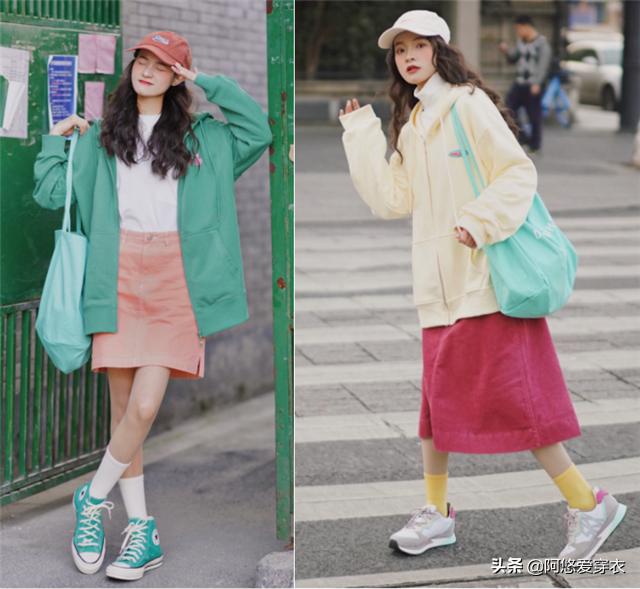 春天卫衣外面穿什么外套,春天粉色卫衣套黑色百褶裙穿搭