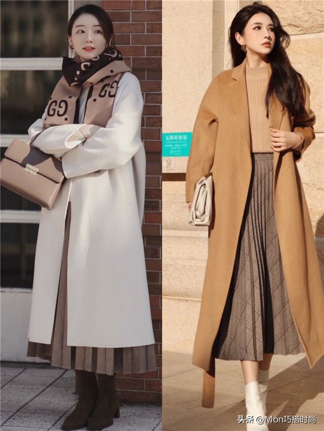 今年流行百褶裙搭大衣,中长款百褶裙搭配大衣