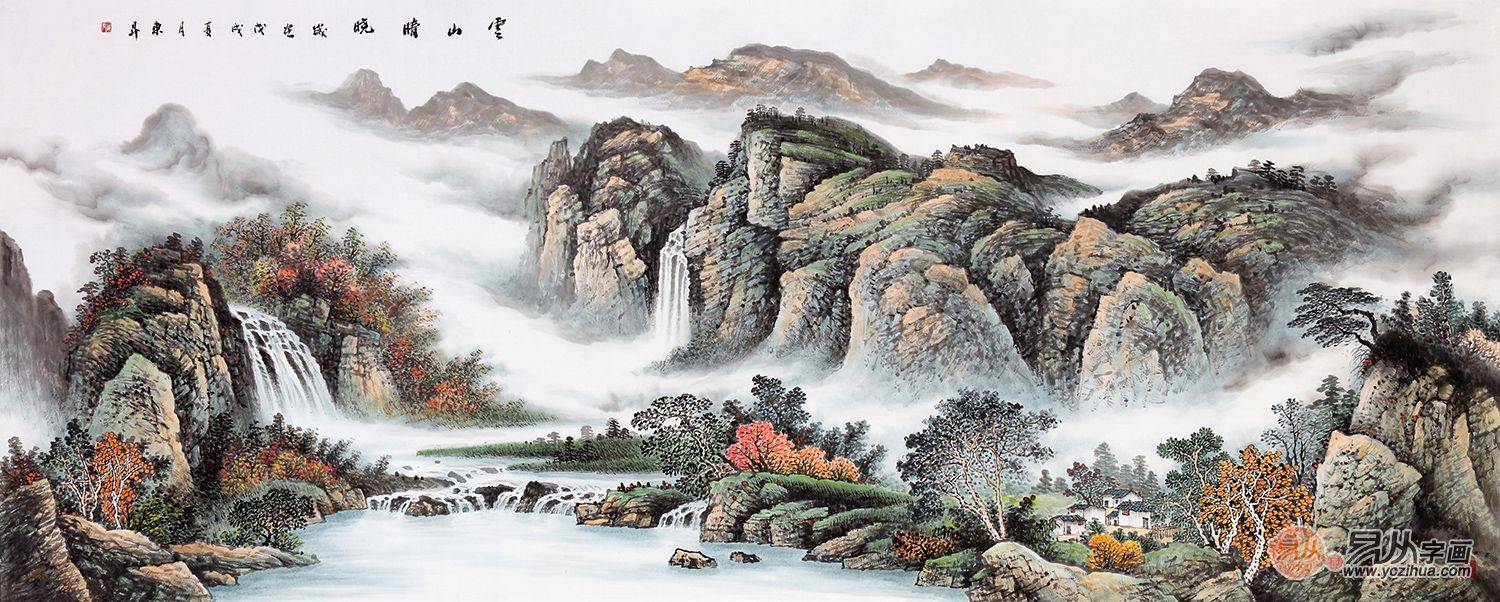 客厅鸿运当头山水画手绘,壁画客厅现代简约山水画高清图片