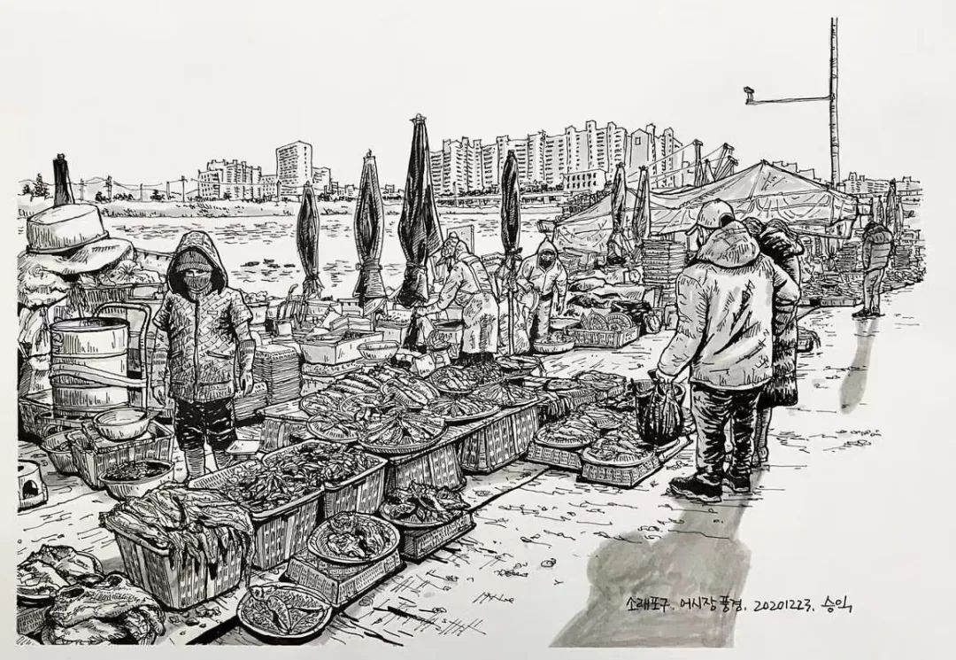 日本画家创作的铅笔街景速写,韩国速写大师
