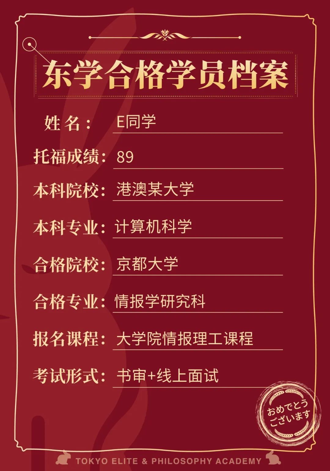 【东学合格喜报】|恭喜E同学合格京都大学情报学专业!