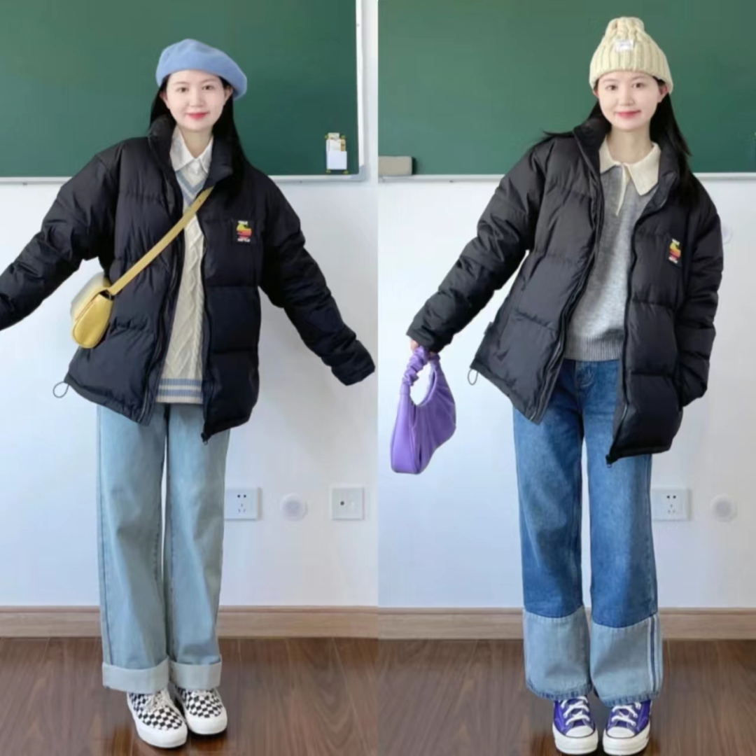 19冬羽绒服穿搭,韩款黑色羽绒服搭棕色长靴