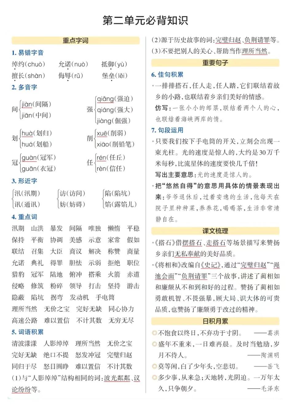 五年级上册语文1-8单元知识点归纳,五年级语文下册1-8单元必背知识点