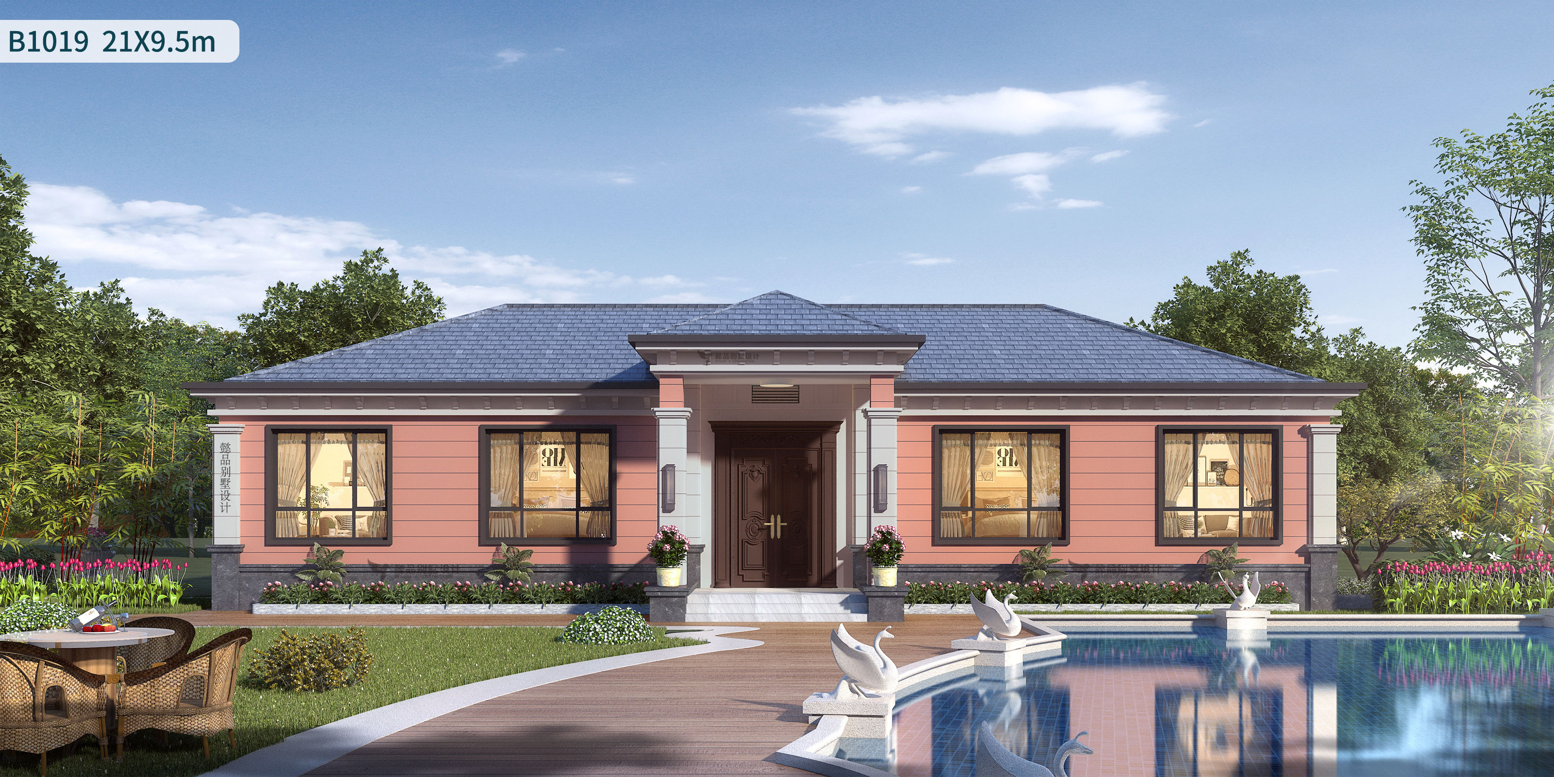 21米5开间一层半新中式别墅,高端大气一层新中式别墅效果图