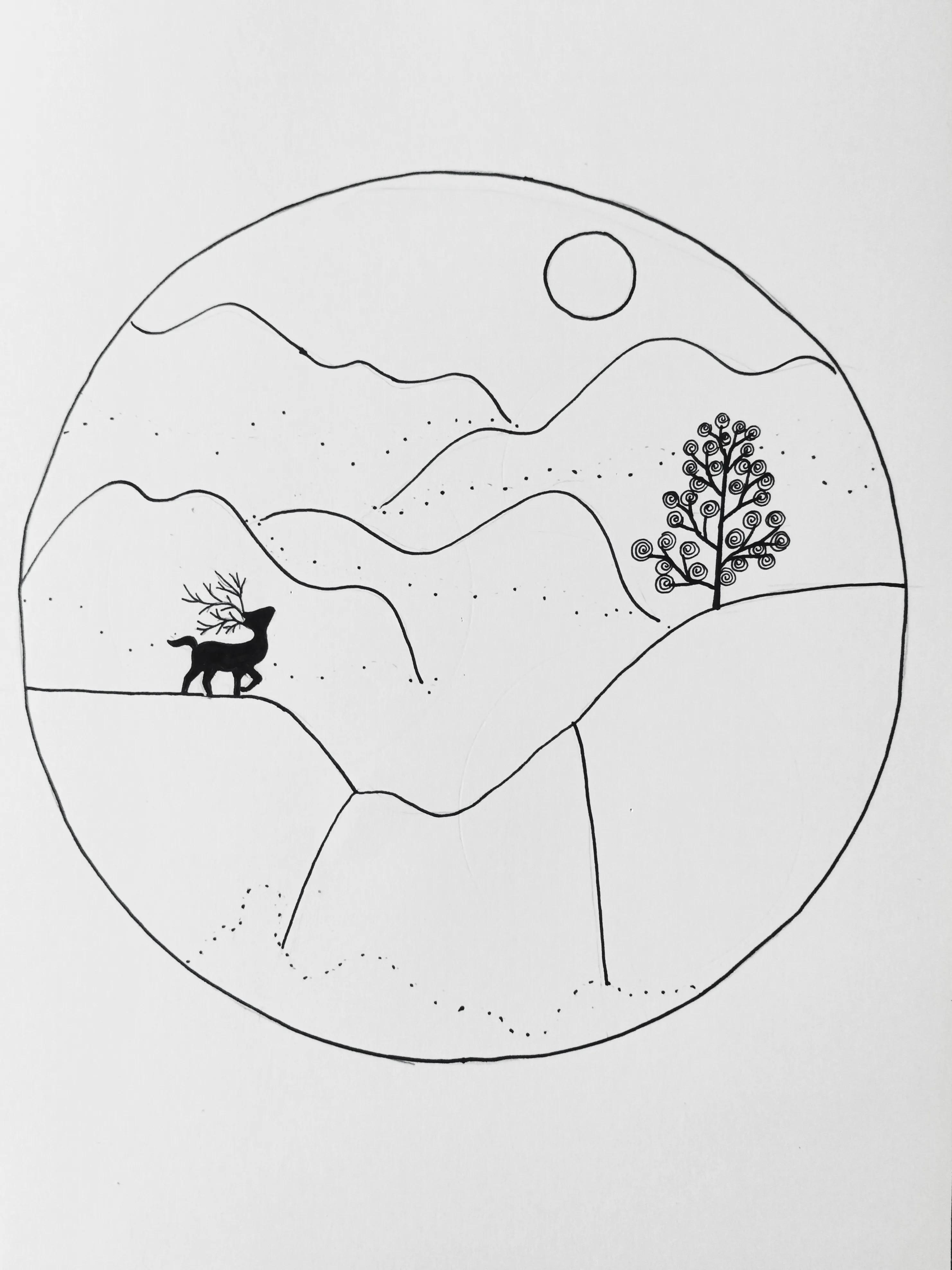 用线条勾画一幅风景画,勾线笔黑色线条风景画