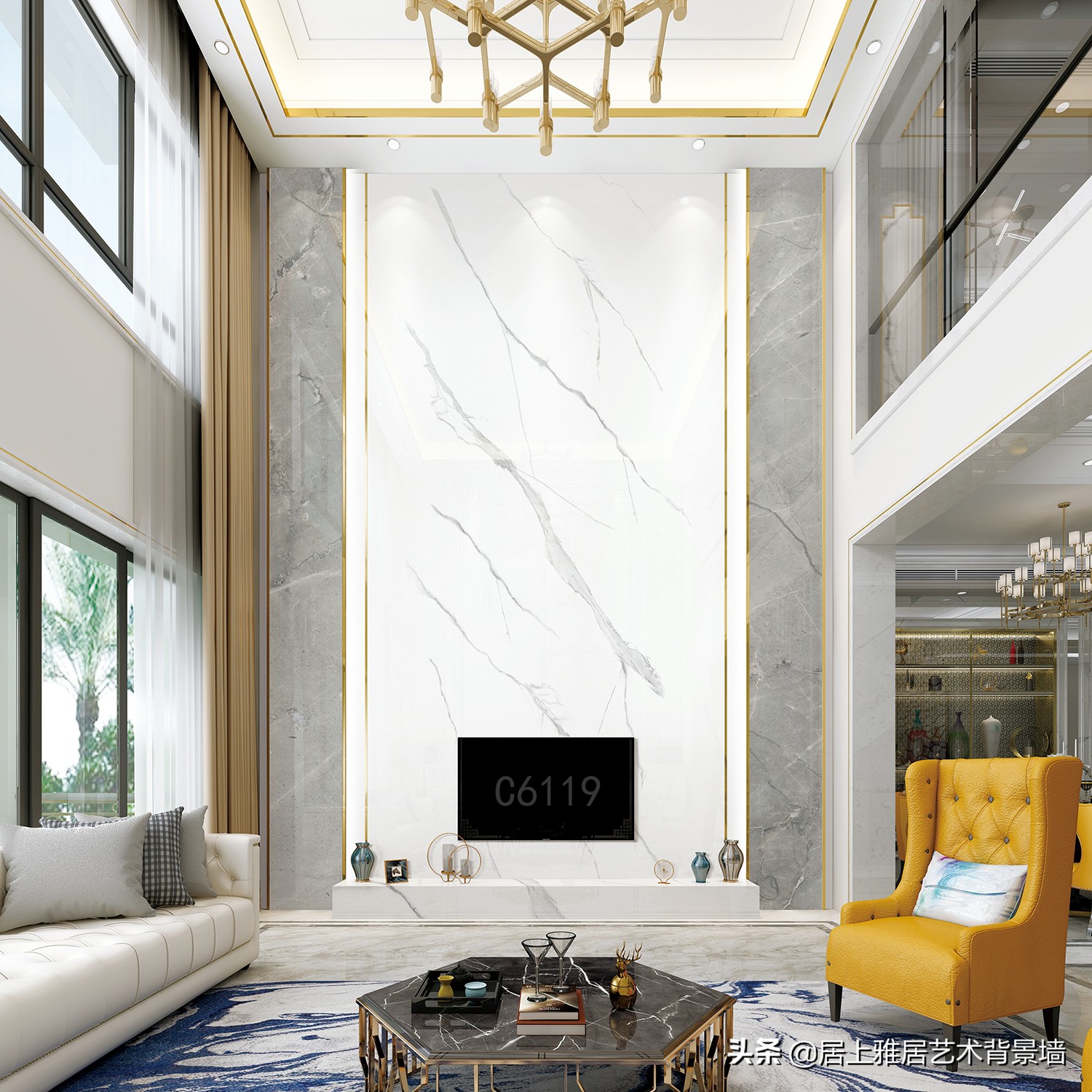 复式挑高沙发背景墙装饰画,自建房复式楼电视背景墙效果图