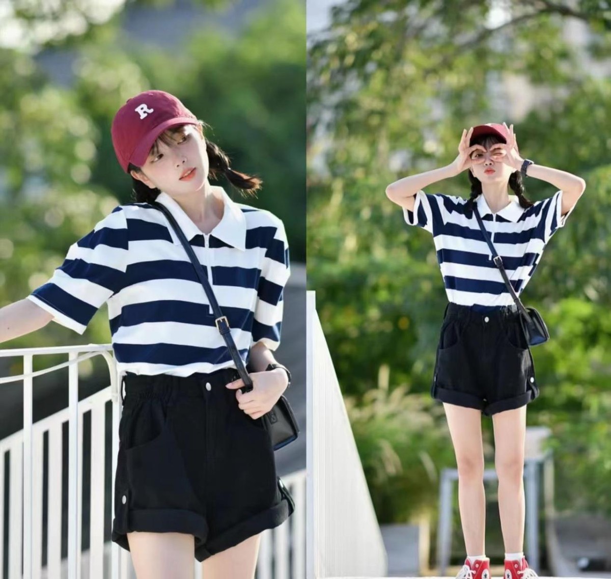 比较高级的夏季条纹典型穿衣搭配,夏天短款条纹衫搭配