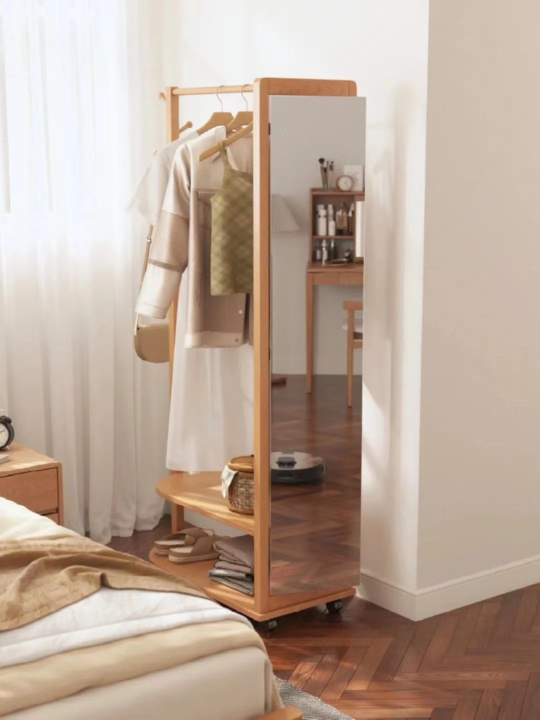 卧室镜子收纳一体挂墙,卧室墙面固定挂衣架镜子一体