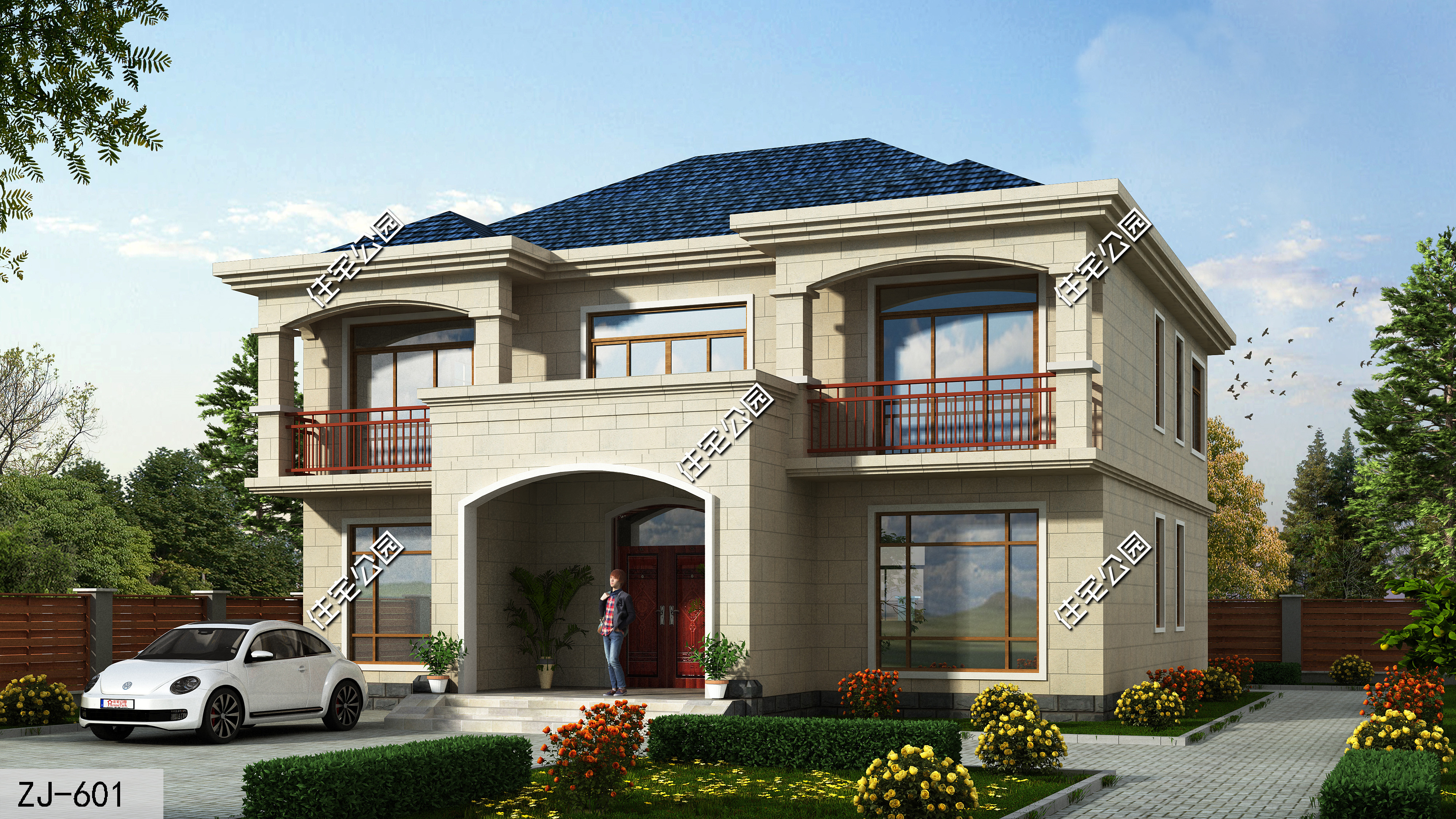 农村自建房二层对称小别墅外观图,开间12.8进深9.9二层别墅怎么设计