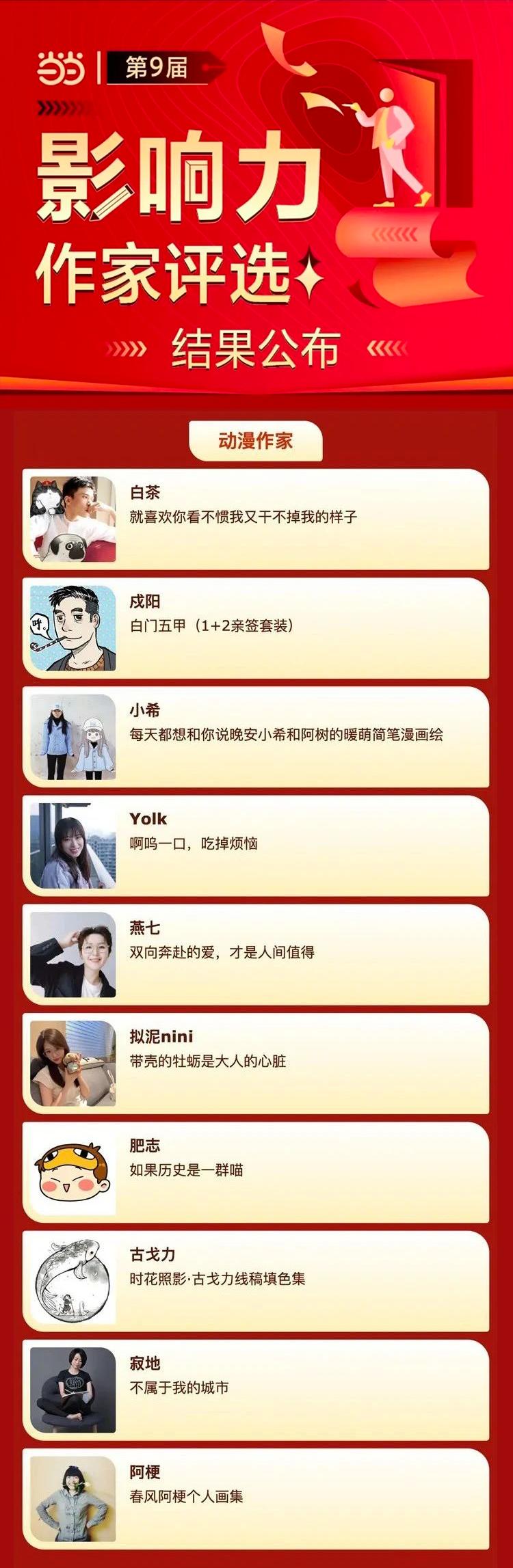 第九届“当当影响力作家评选”揭晓，漫画家白茶连续七年登榜