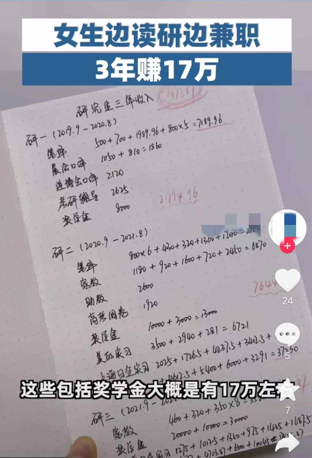 女学霸边读研边兼职13年赚17万,女学霸边读研边兼职3年赚17万