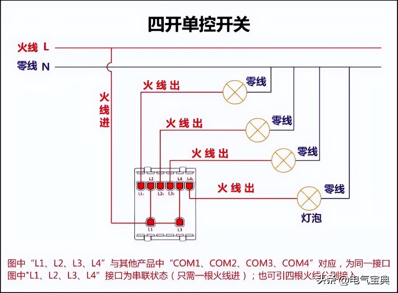 电工接线方法单开双控三控,家装三控开关线路图