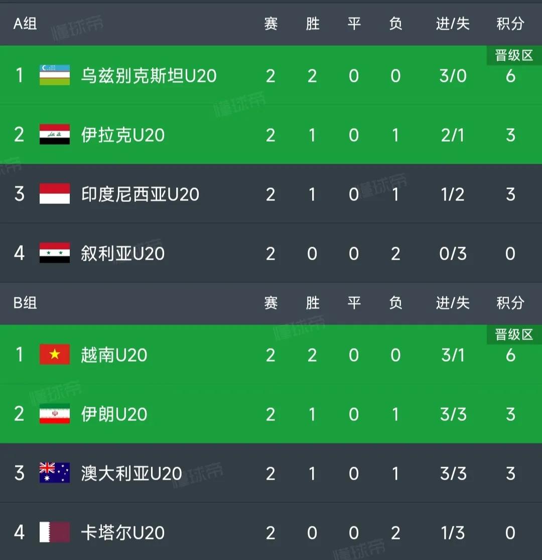 U20亚洲杯最新排名:越南2-1绝杀卡塔尔两连胜,澳大利亚3-2伊朗