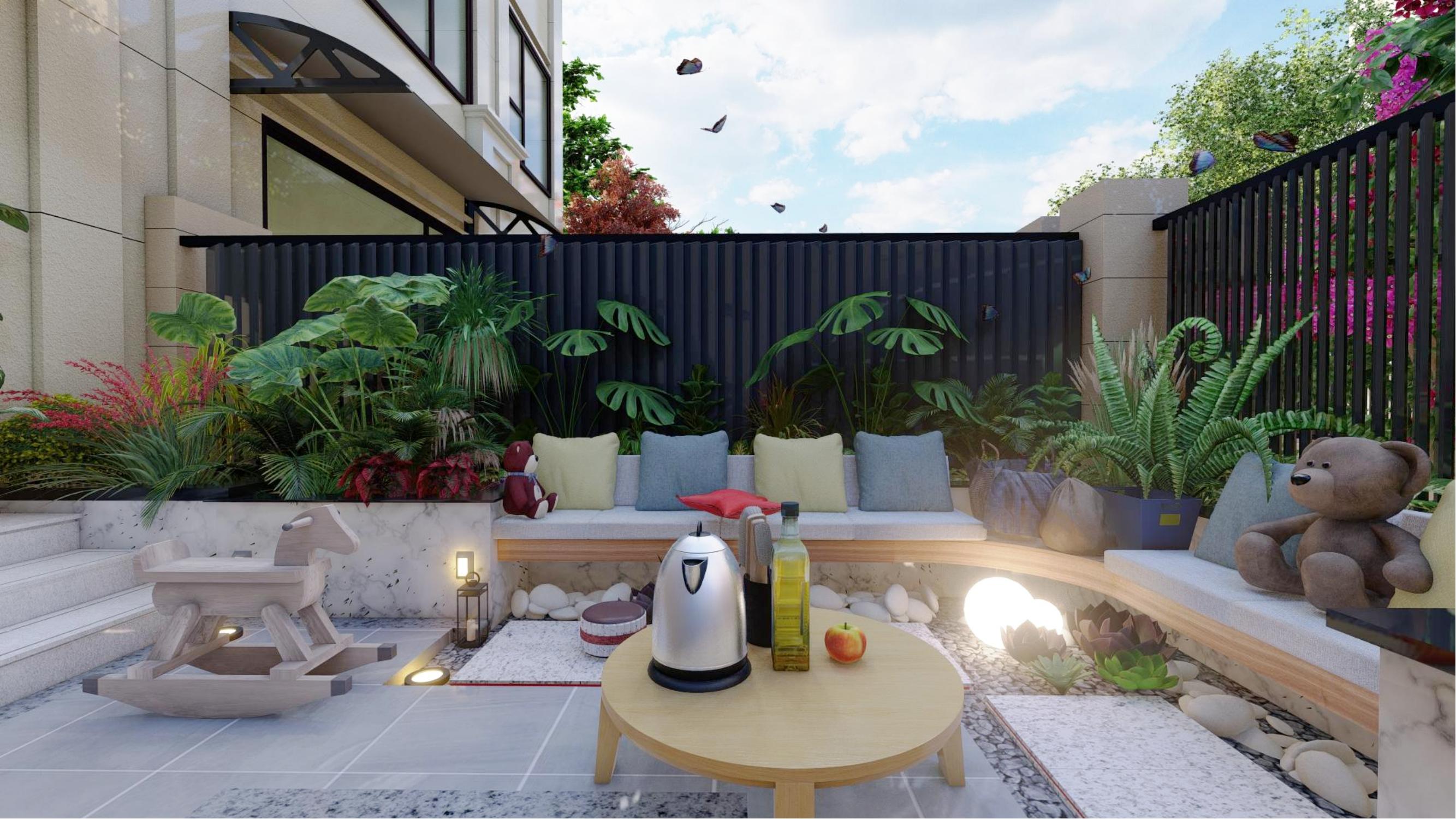 一层简易超现代带车库的小院设计,有车位小庭院别墅设计