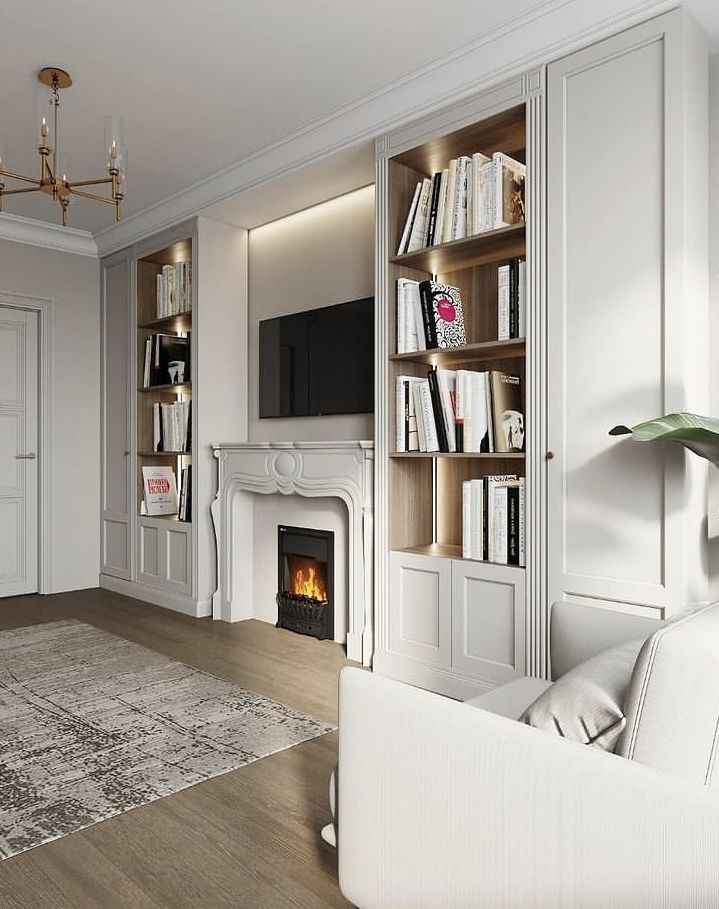 与其做满墙电视柜，不如留40㎝做书架，一柜两用，教科书级模板