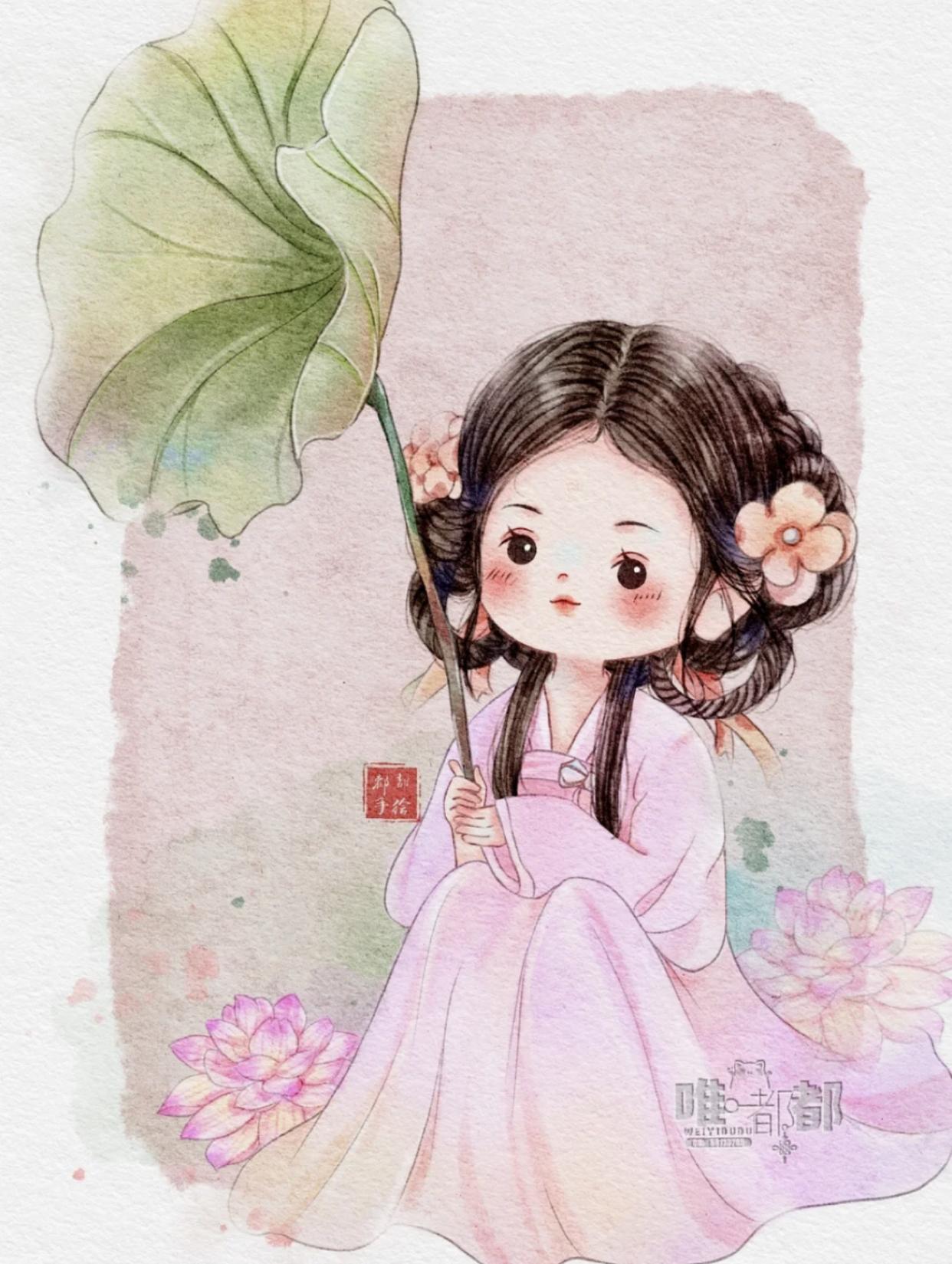 古风俏皮插画,萌萌的古风人物插画