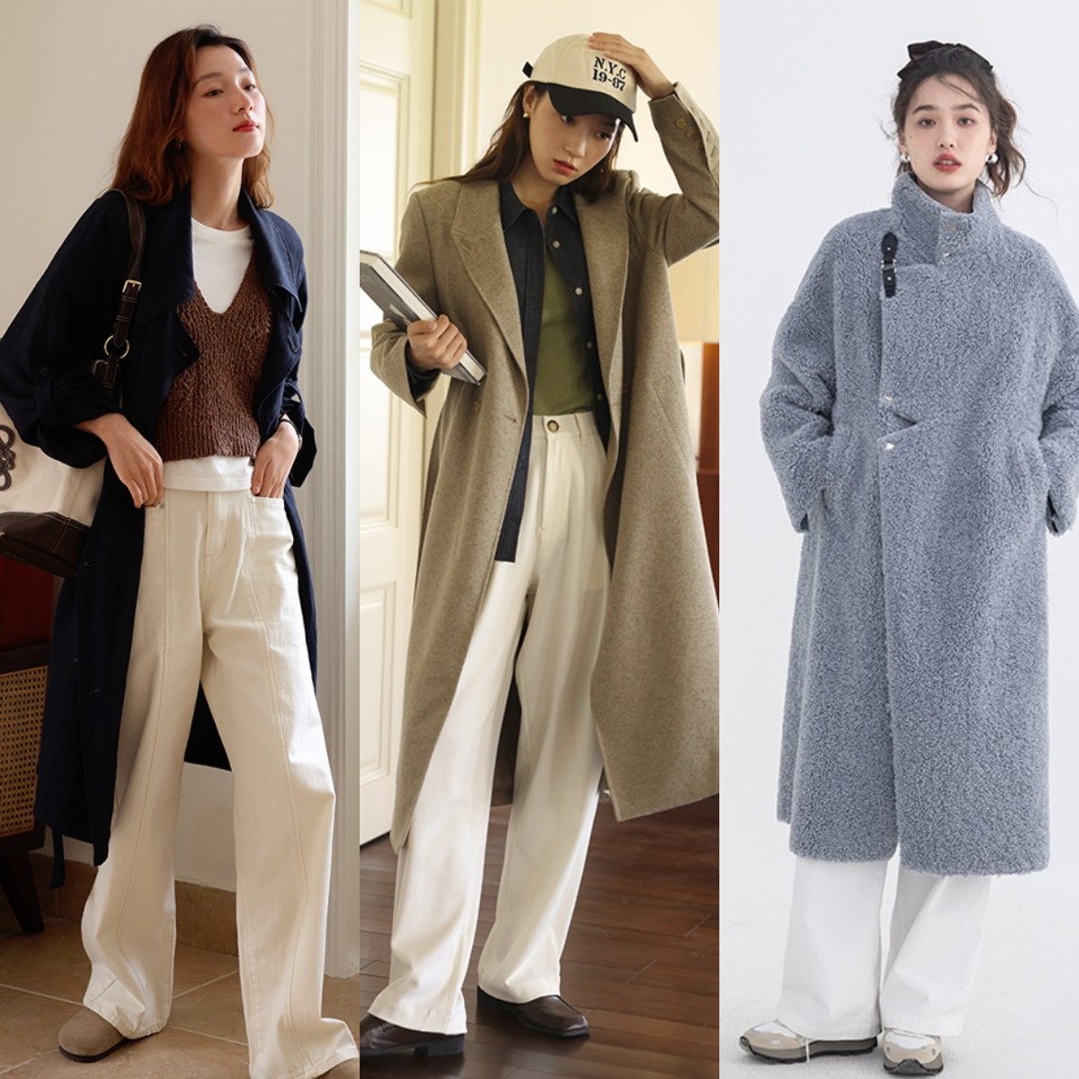 冬天白色裤子配什么颜色上衣好看,冬天穿的白色阔腿长裤配什么大衣