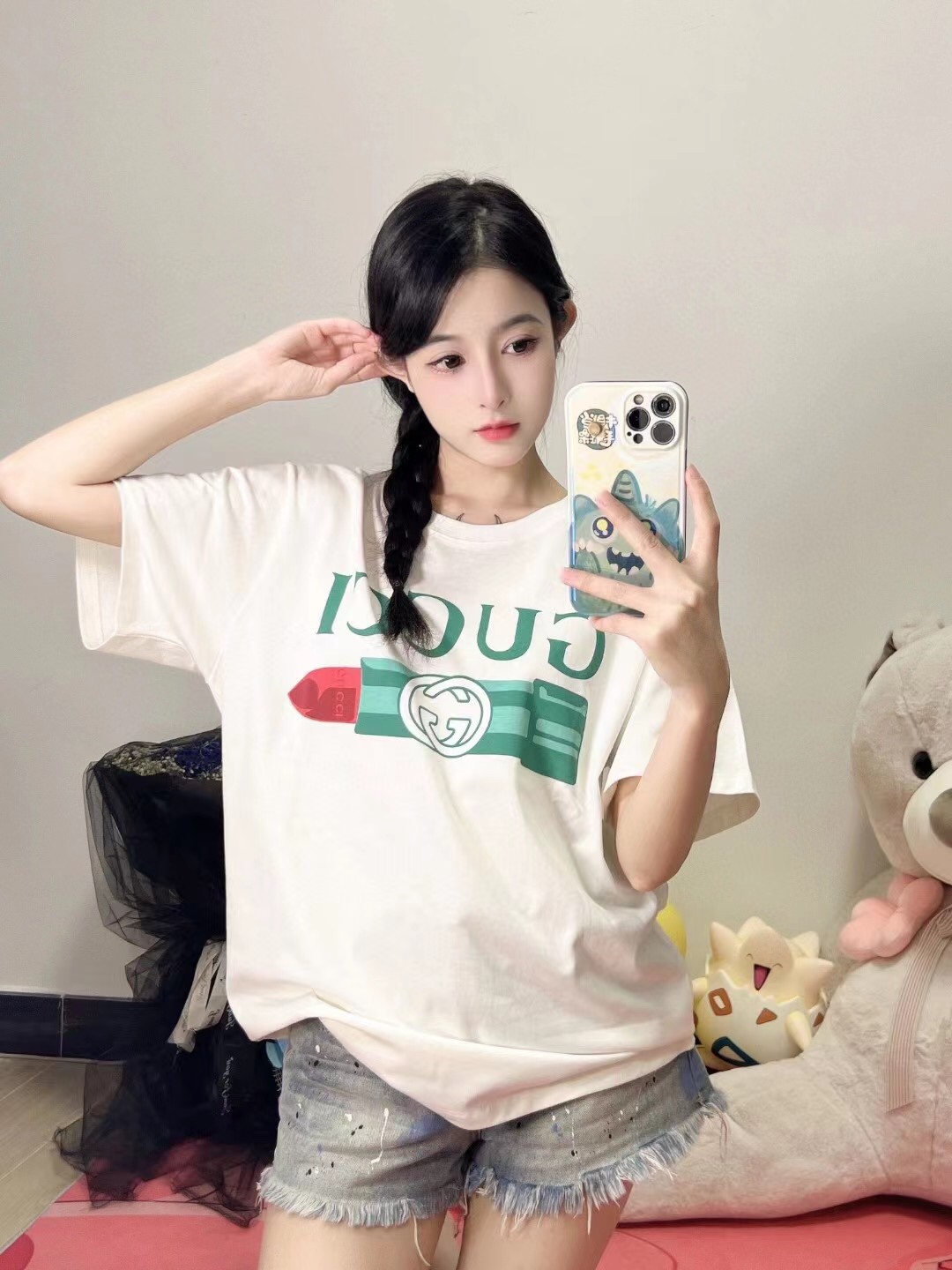 古驰gucci口红短袖,gucci猫头刺绣亮片短袖t恤