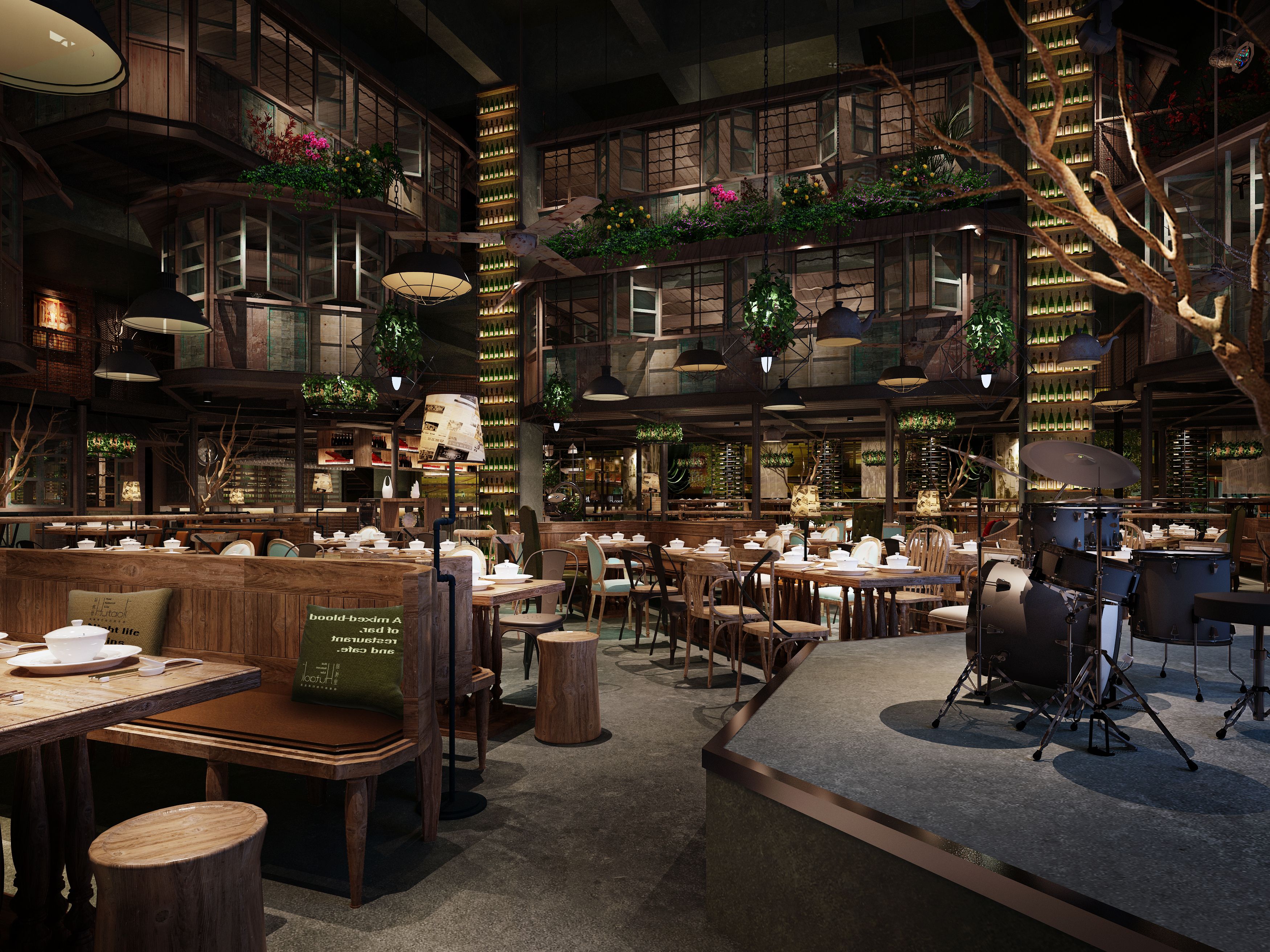 类似胡桃里的音乐餐厅装修效果图,武汉废墟风餐厅全案设计