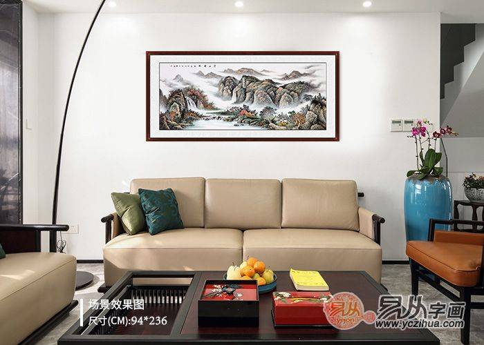 客厅鸿运当头山水画手绘,壁画客厅现代简约山水画高清图片