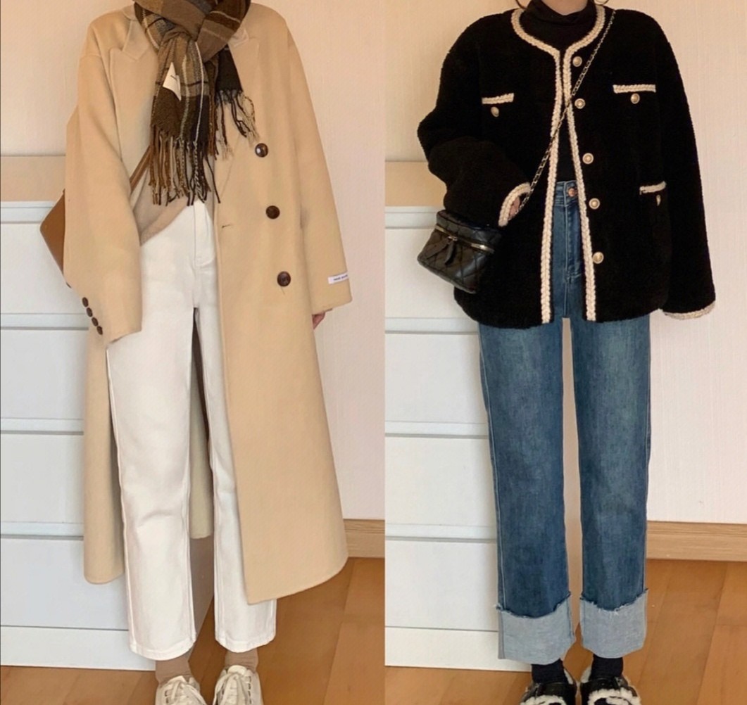 大衣牛仔裤毛衣穿衣搭配,男生蓝色牛仔裤配什么颜色的毛衣