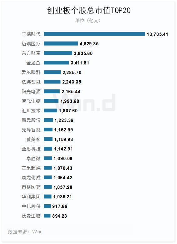 去年A股创业板表现最好，二十大权重股有：宁德时代、迈瑞医疗、东方财富、金龙鱼、爱尔眼科、亿纬锂能等