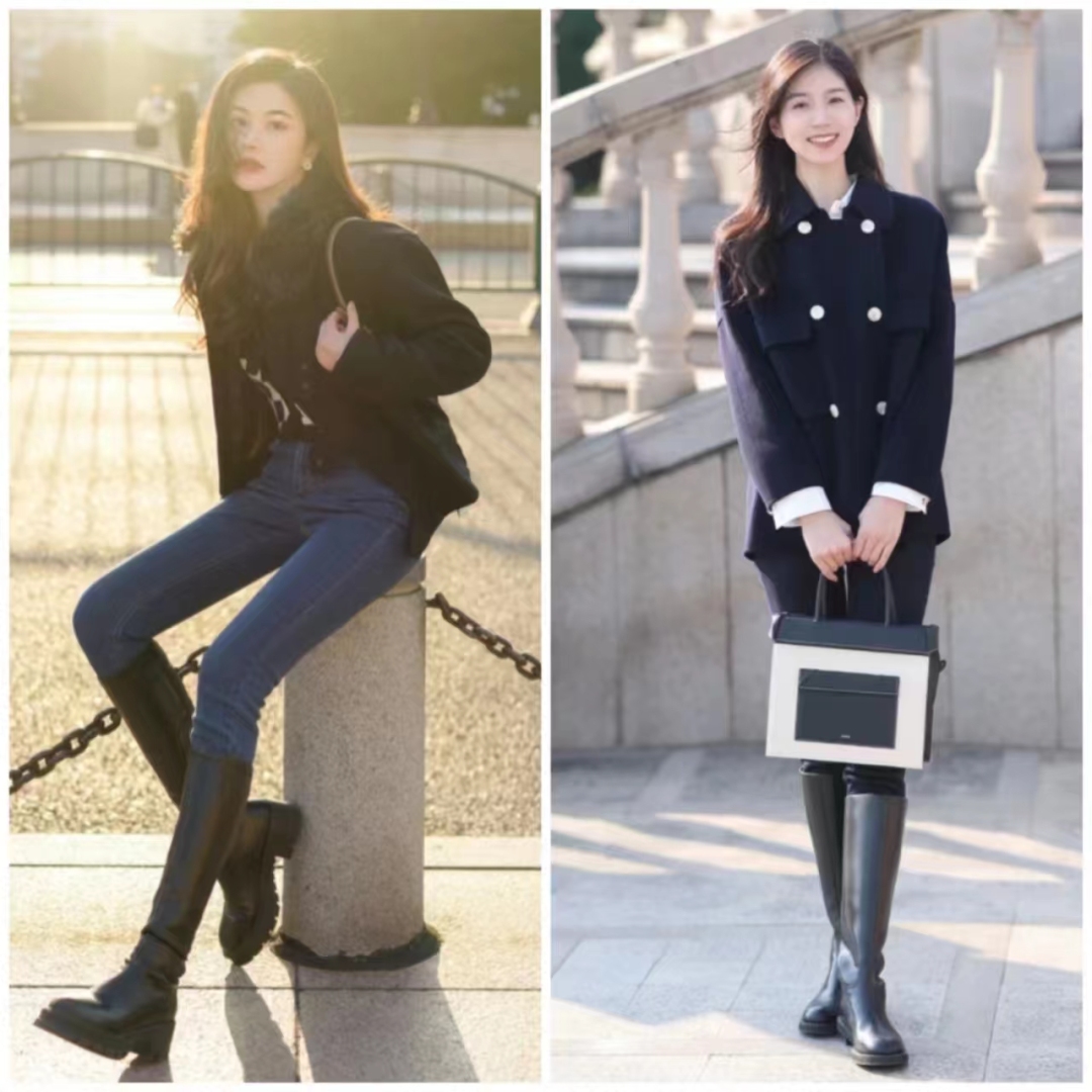 流行的靴子搭配什么衣服图片,中长靴子穿衣搭配图片2020秋冬