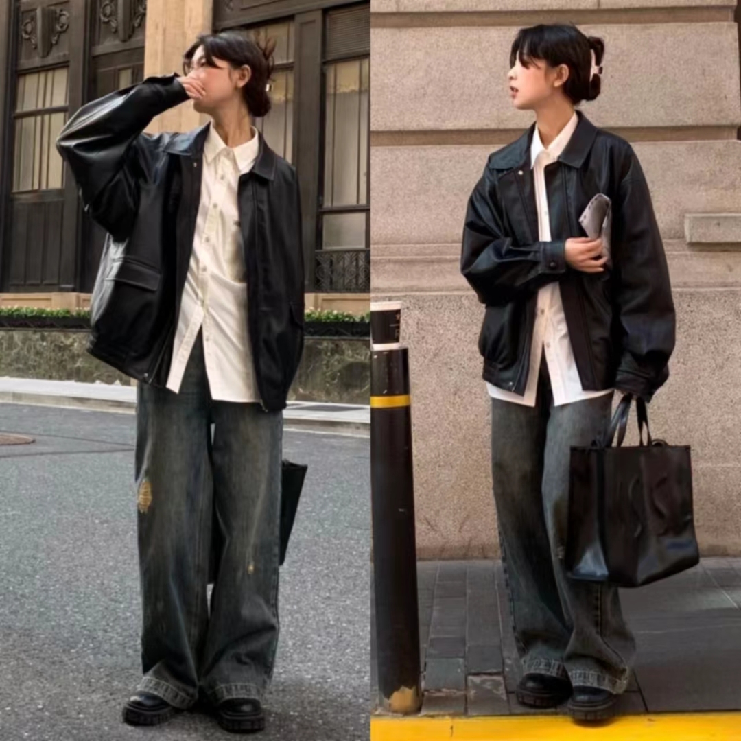 秋冬黑色宽松皮衣两件套,40-50岁洋气皮衣套装