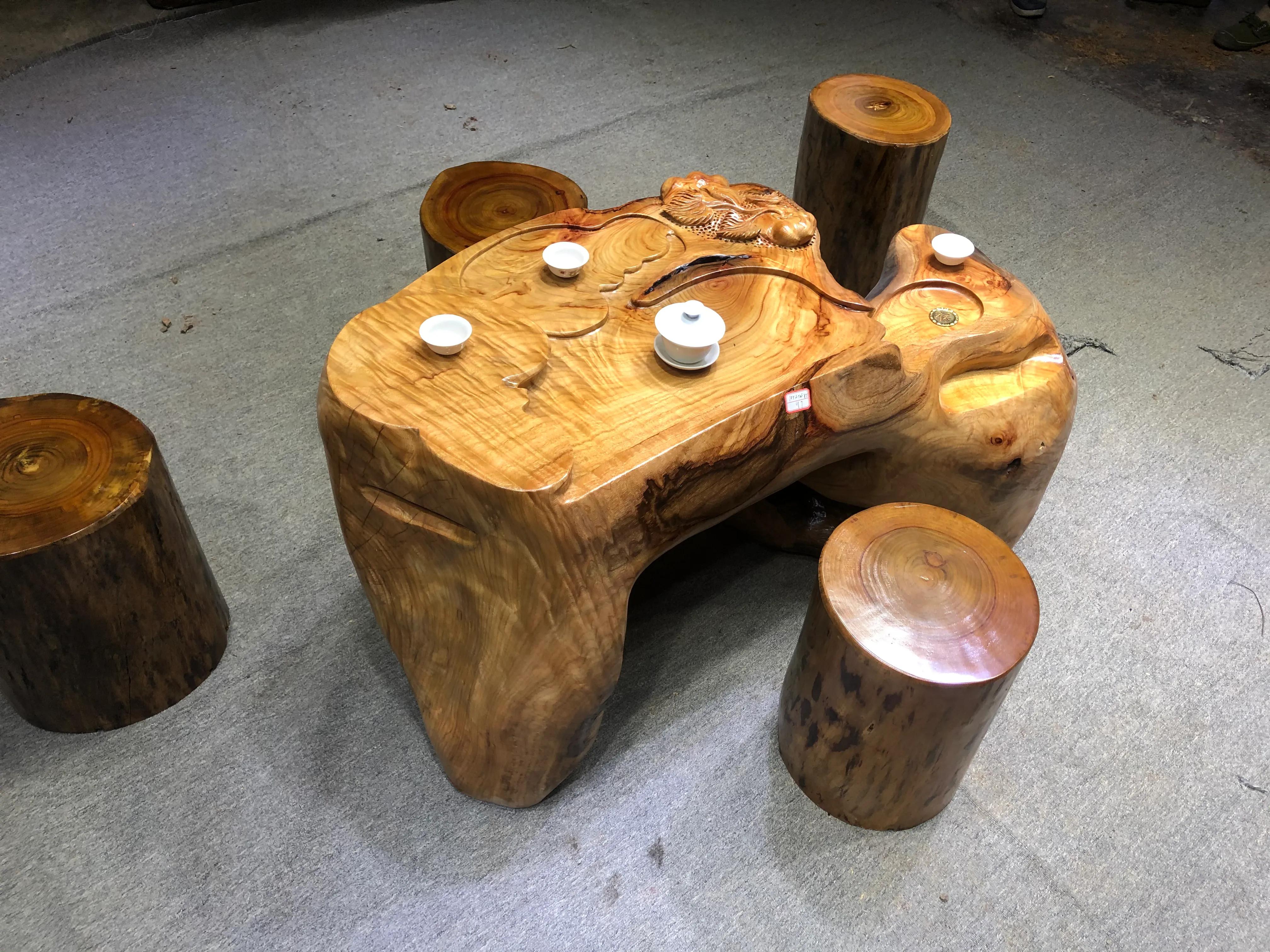 小叶香樟木茶几,香樟木实木墩子茶几