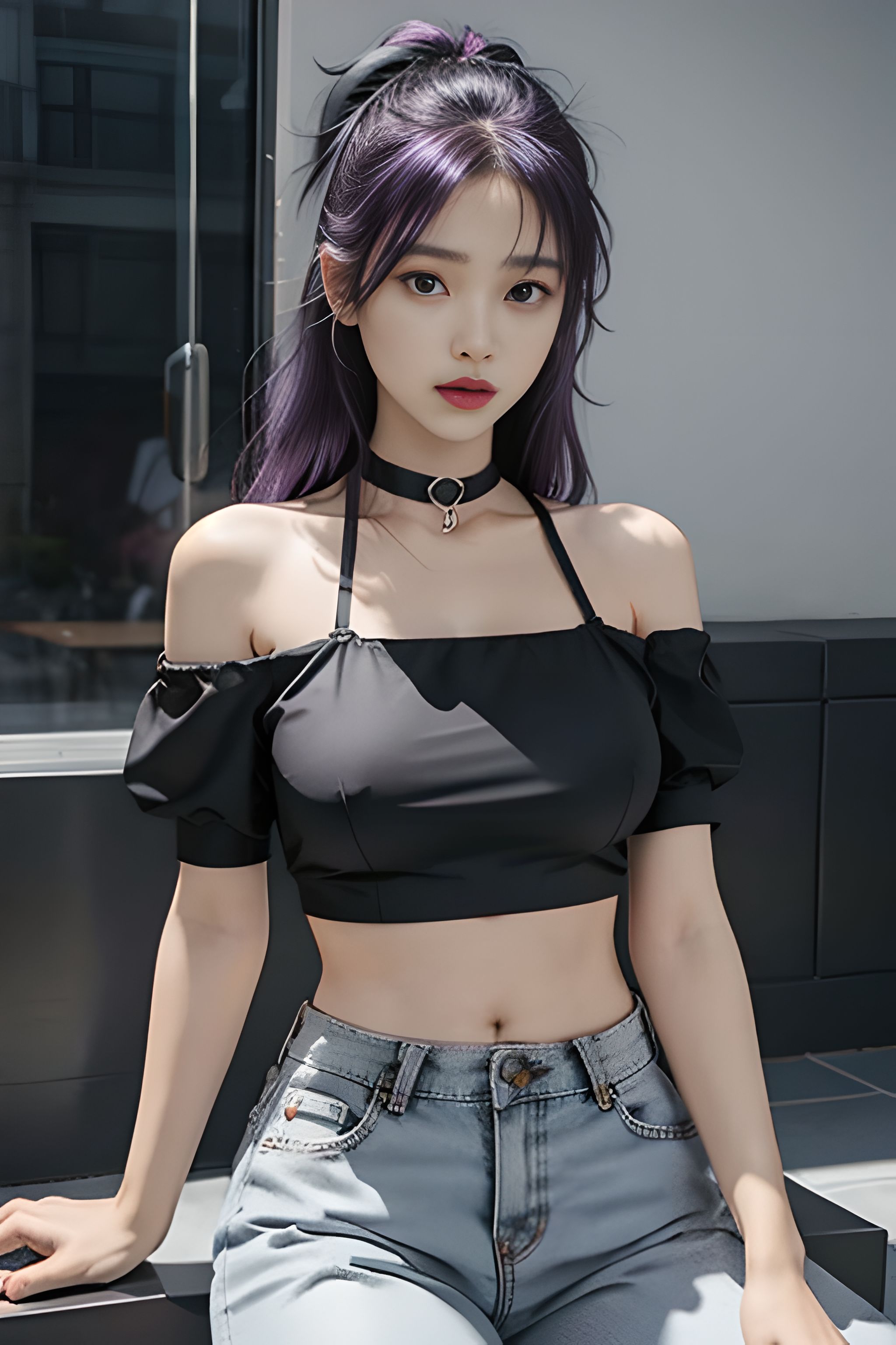 吊带上衣和紧身裤子拉丁舞服,黑色吊带背心蓝色紧身裤