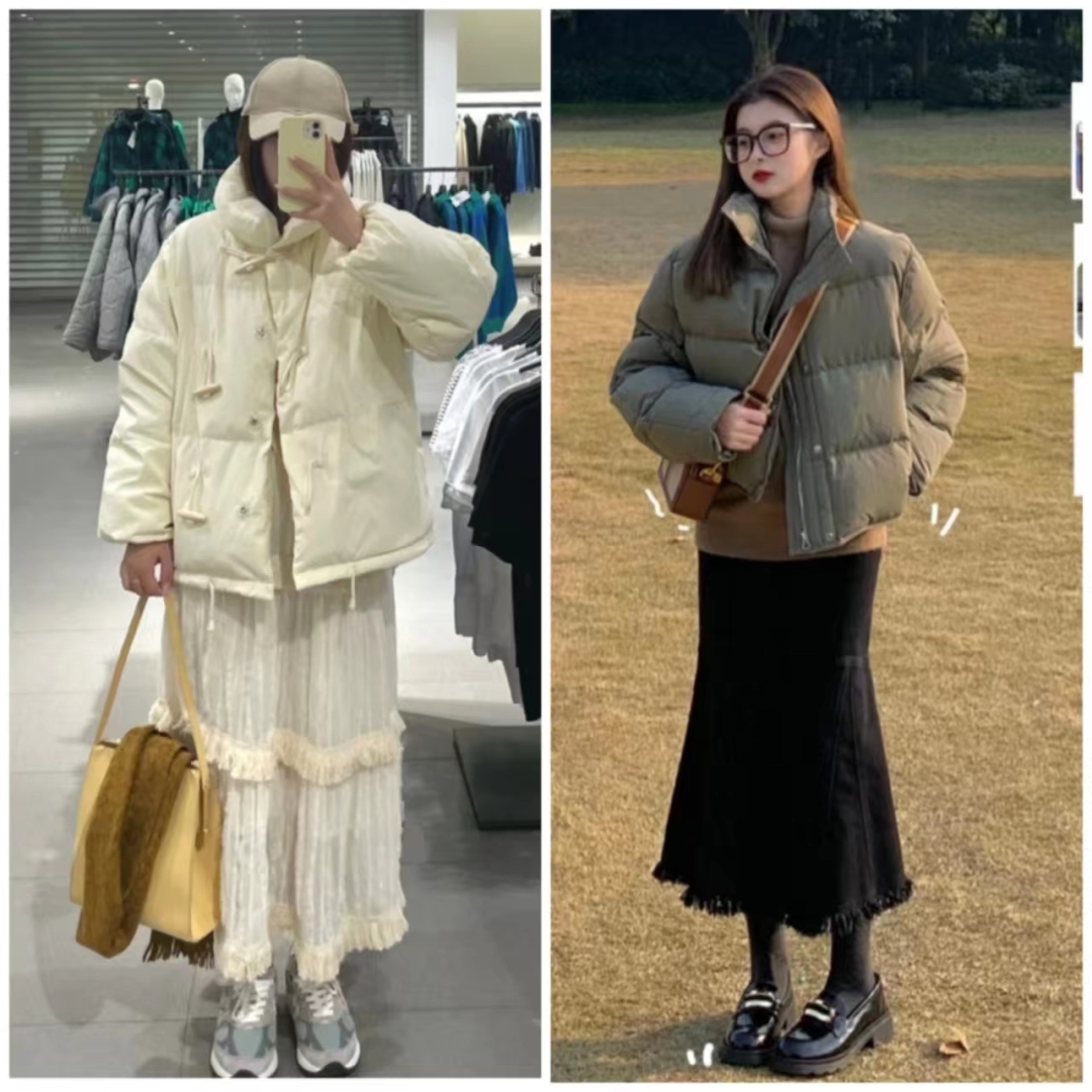 浅蓝色羽绒服怎样搭配黑色半身裙,短款白色羽绒服的最佳搭配半身裙