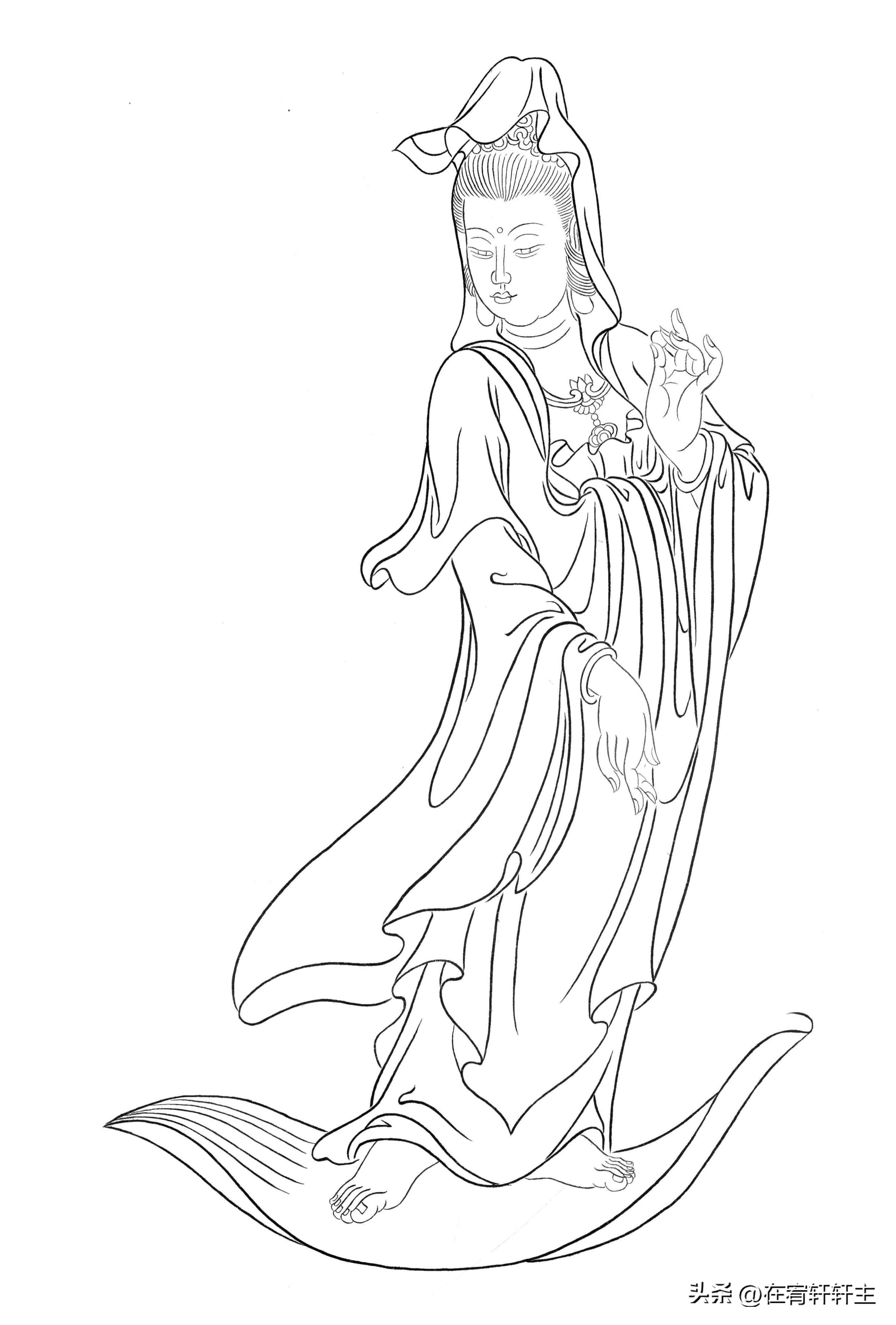 工笔白描观音苏柏斗,工笔画国画白描观音