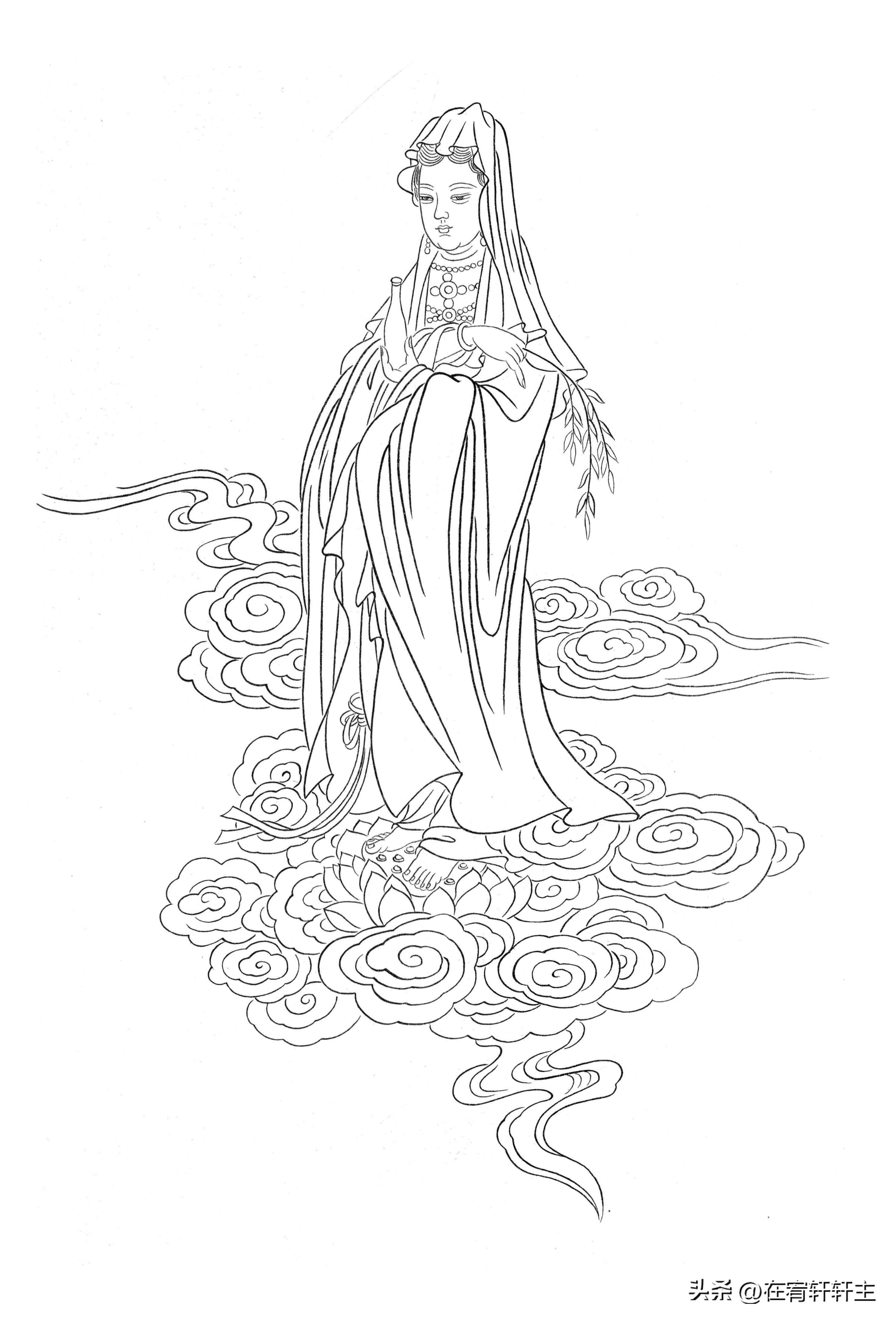 工笔白描观音苏柏斗,工笔画国画白描观音