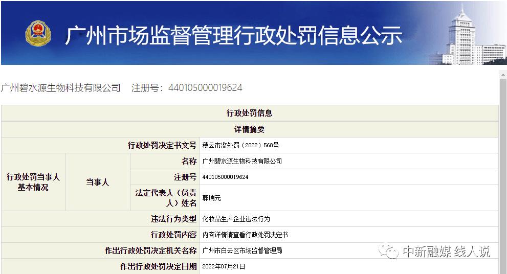 碧水源生物化妆品“BSYCC霜”擅自更改生产日期被罚，