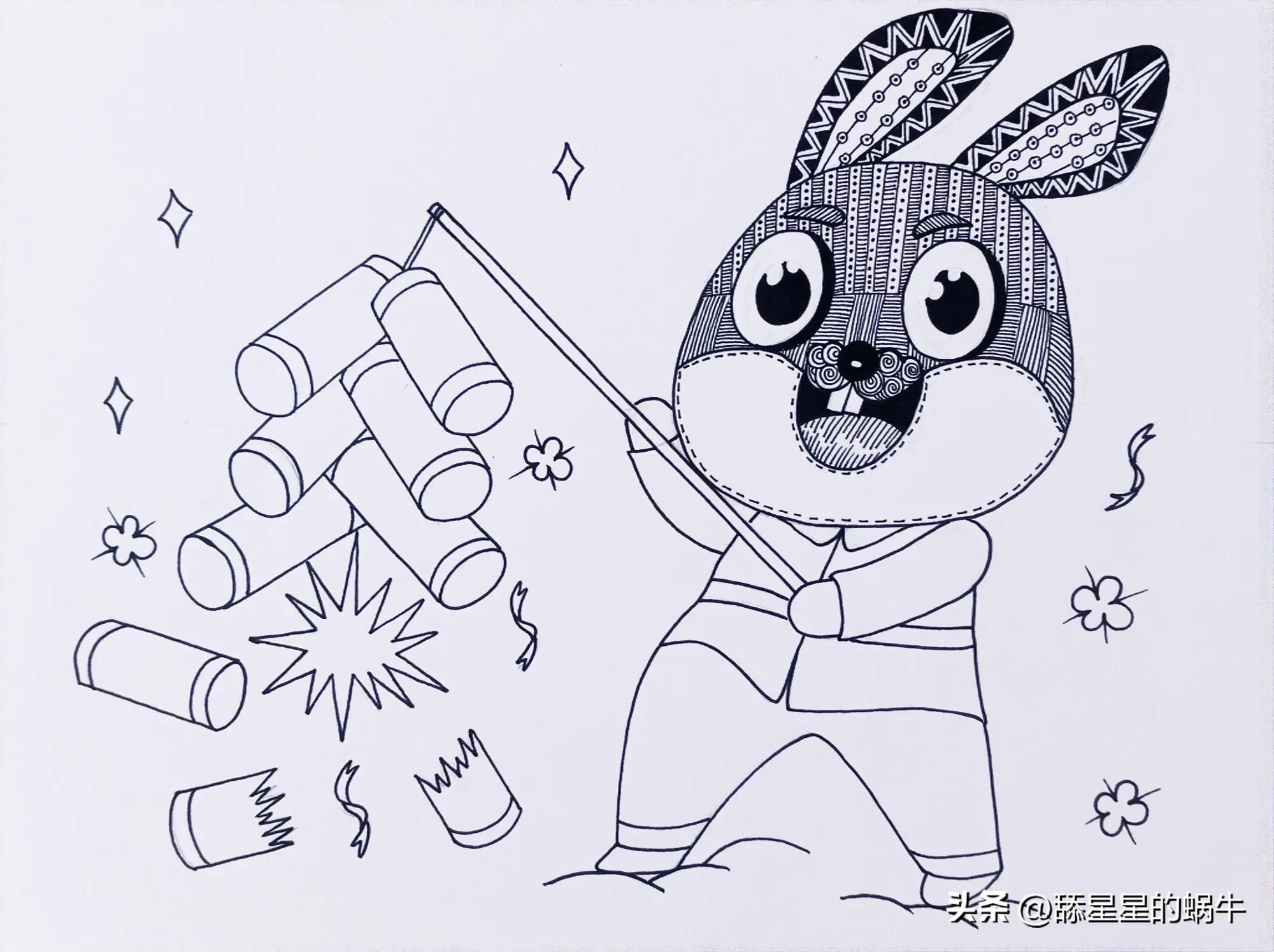 黑白线描画兔年大吉图文版,兔年主题画线稿怎么画