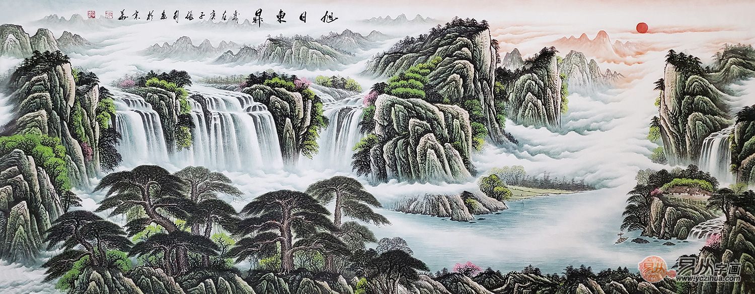 新中式山水画客厅挂画沙发背景墙,沙发墙装饰画简约山水画