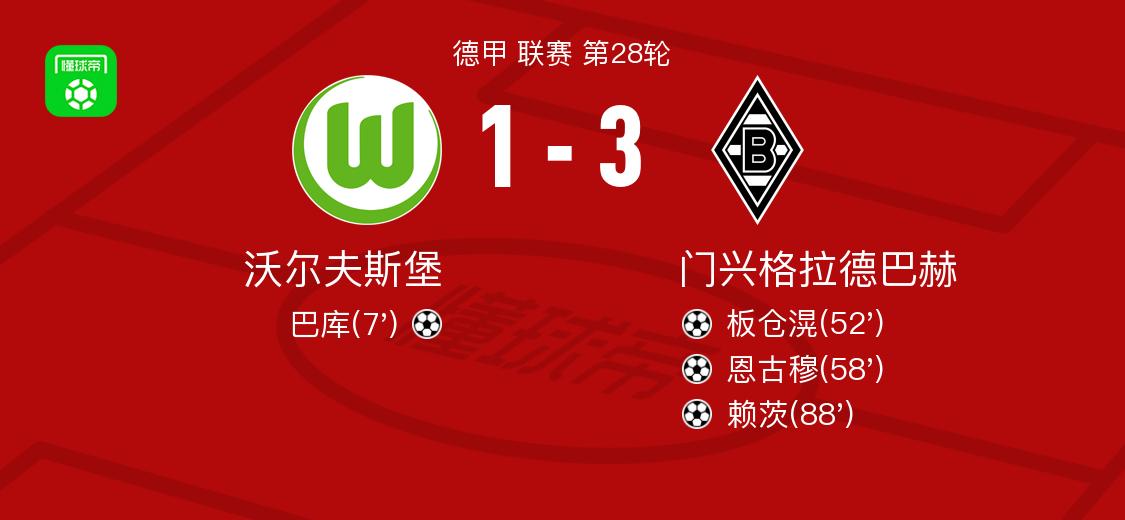 沃尔夫斯堡1-3门兴,门兴1-3奥格斯堡