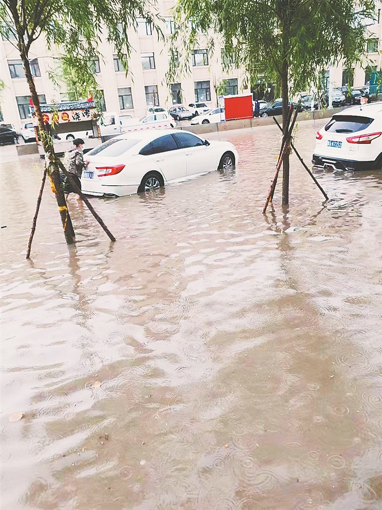 记者雨后走访哈西骏赫城六期门前：积水深过膝私家车被泡